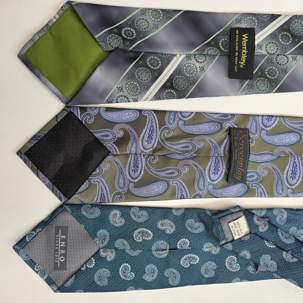 Mens Tie Lot 3 Wembley Screenplay Enro Silk Paisley Striped Grey Blue Green